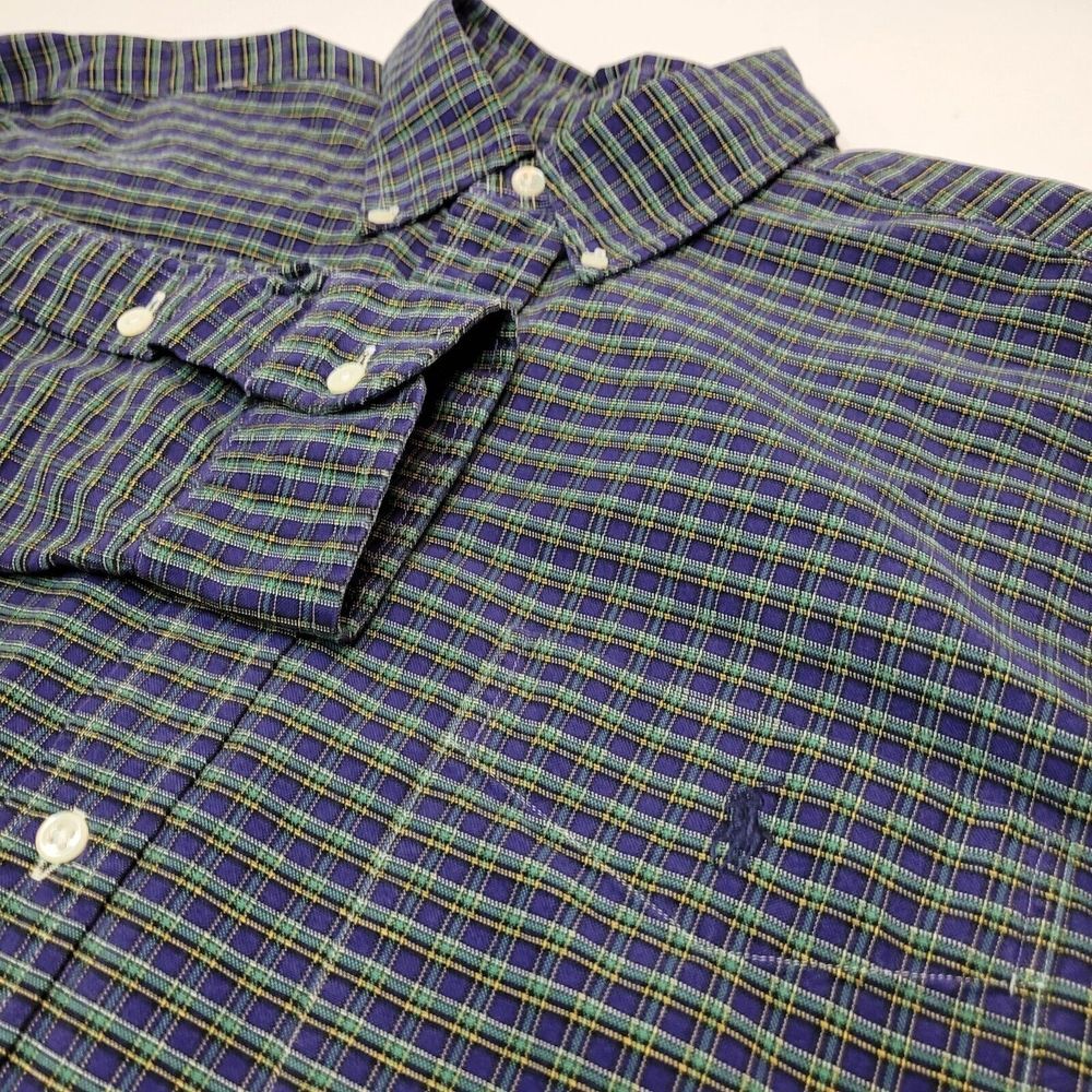Ralph Lauren Big Shirt Mens Large Purple Green Plaid Cotton Button Down Excllnt